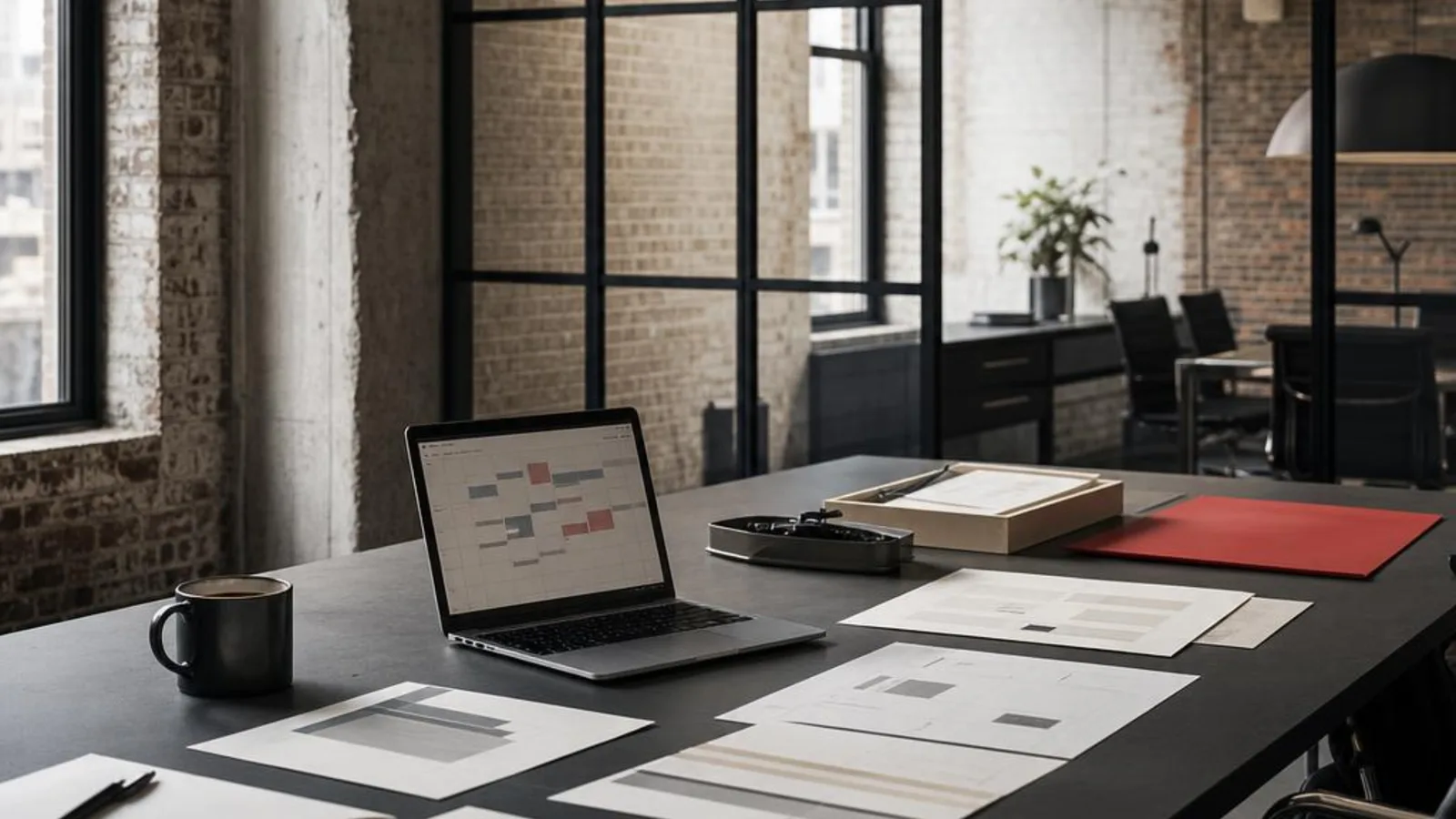 Business operations workspace with workflow documents, scheduling laptop, and a red folder