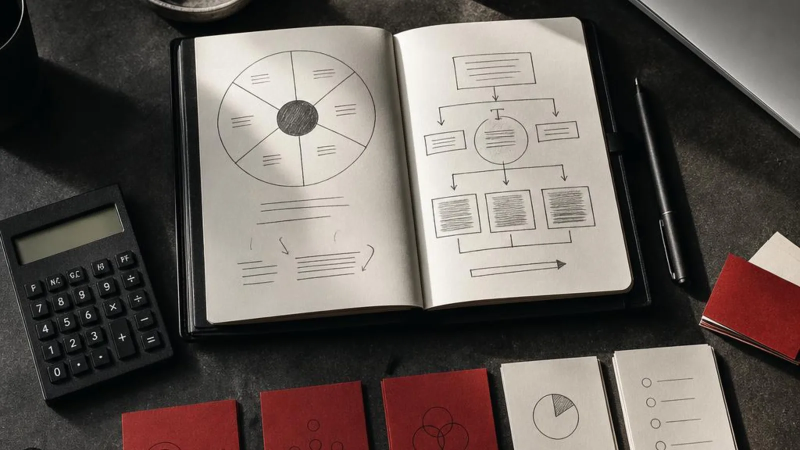 Marketing strategy notebook, calculator, and red planning cards on a charcoal worktable