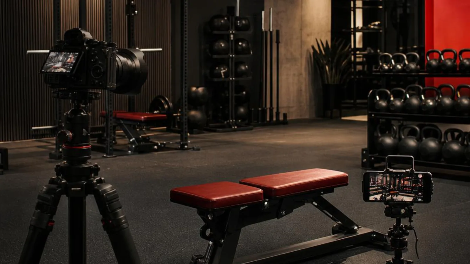 Camera equipment ready for a marketing shoot in a boutique fitness studio with red training benches