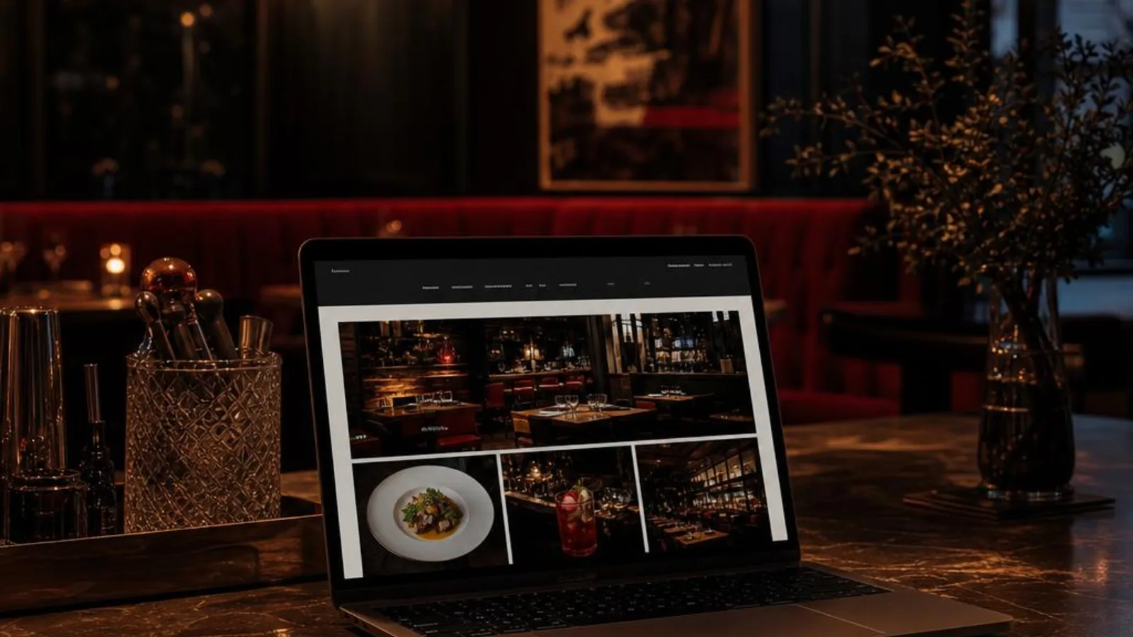 Restaurant website displayed on a laptop at a warmly lit bar with red seating
