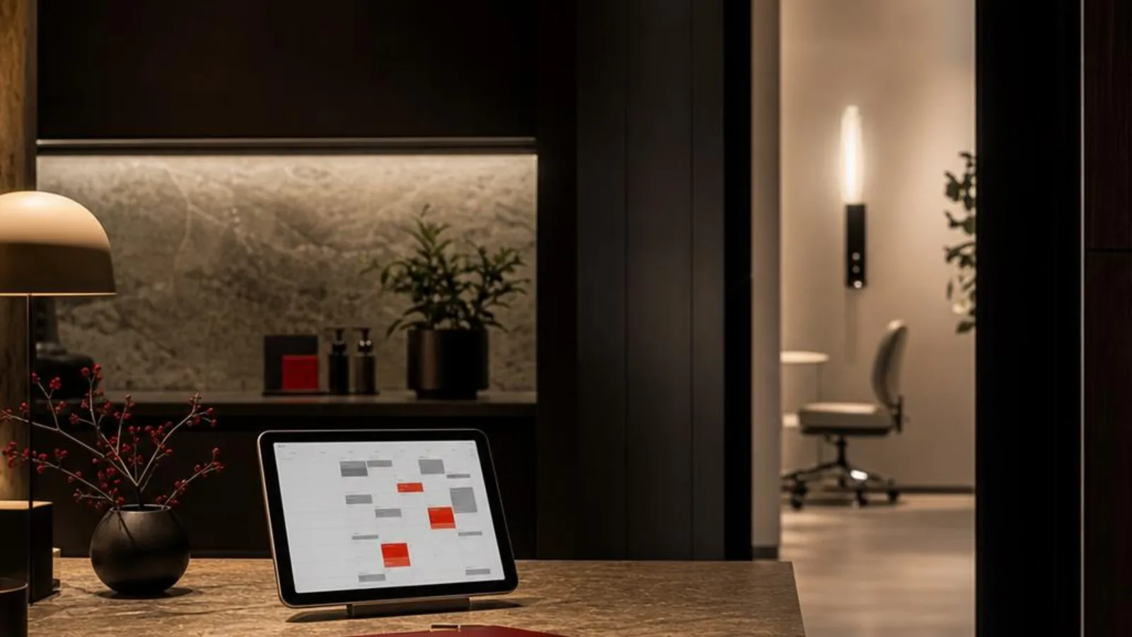 Medical practice reception with an appointment tablet, charcoal finishes, and a red planning folder